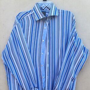 Thomas Dean Men's Button-Up Flip Cuff Striped Dress  Shirt